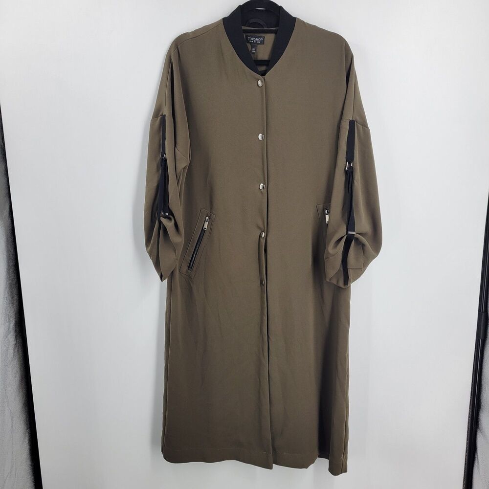 Topshop Lightweight Army Green Button Up Parka US Size 6 Duster Jacket Roll Slev